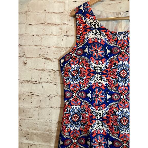 DN Design Midi Dress Womens 16 Pink & Cobalt Medallion Print Sheath Plus Lined - Picture 4 of 14